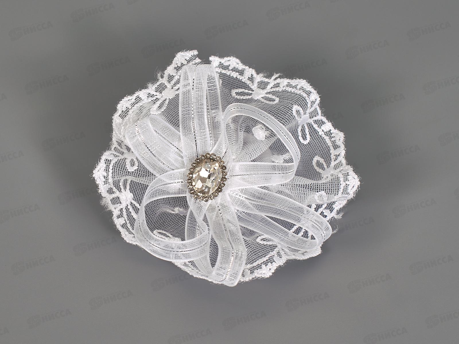 Бант гипюр, капрон белый круглый стразы камень 9см №9314