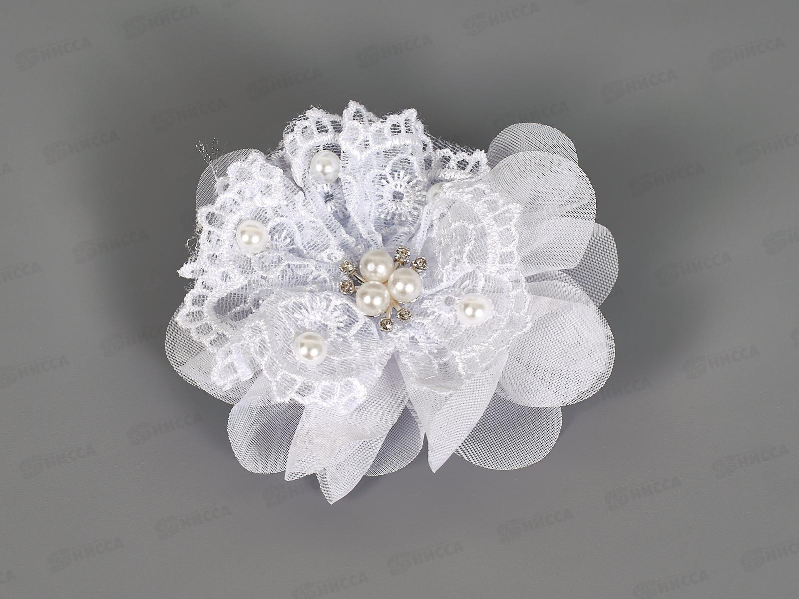 Бант гипюр, капрон белый круглый жемчуг стразы 10см №7980