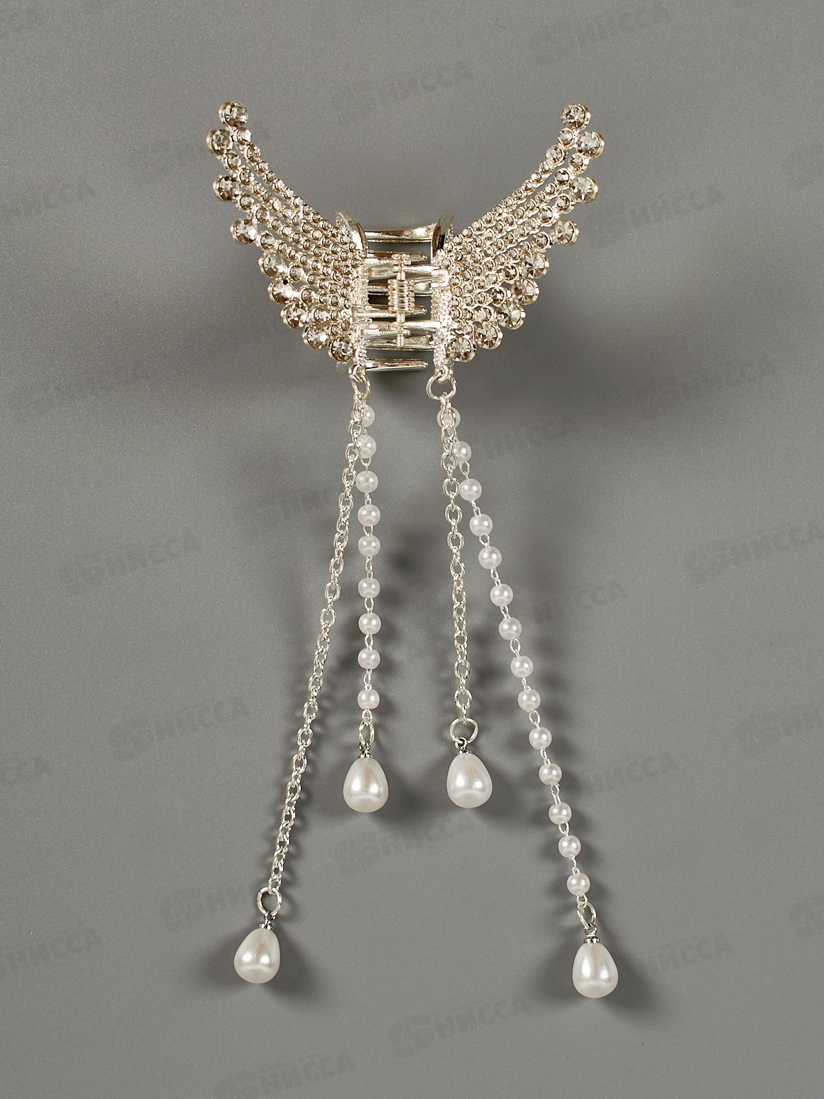 Краб металлический &quotБабочка&quot под серебро стразы с подвеской жемчуг №9062