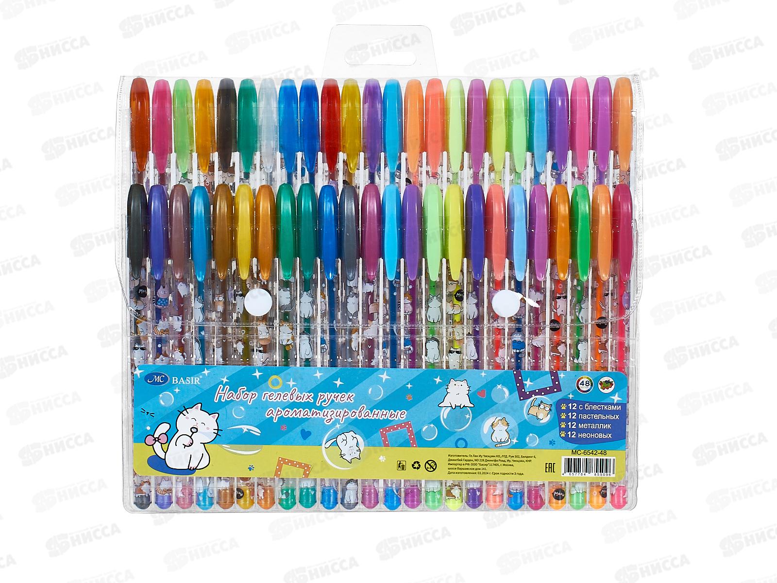 Ручки гелевые BASIR Коты цв.,аромат+с блест.+пастел+метал МС-6542-48 *9