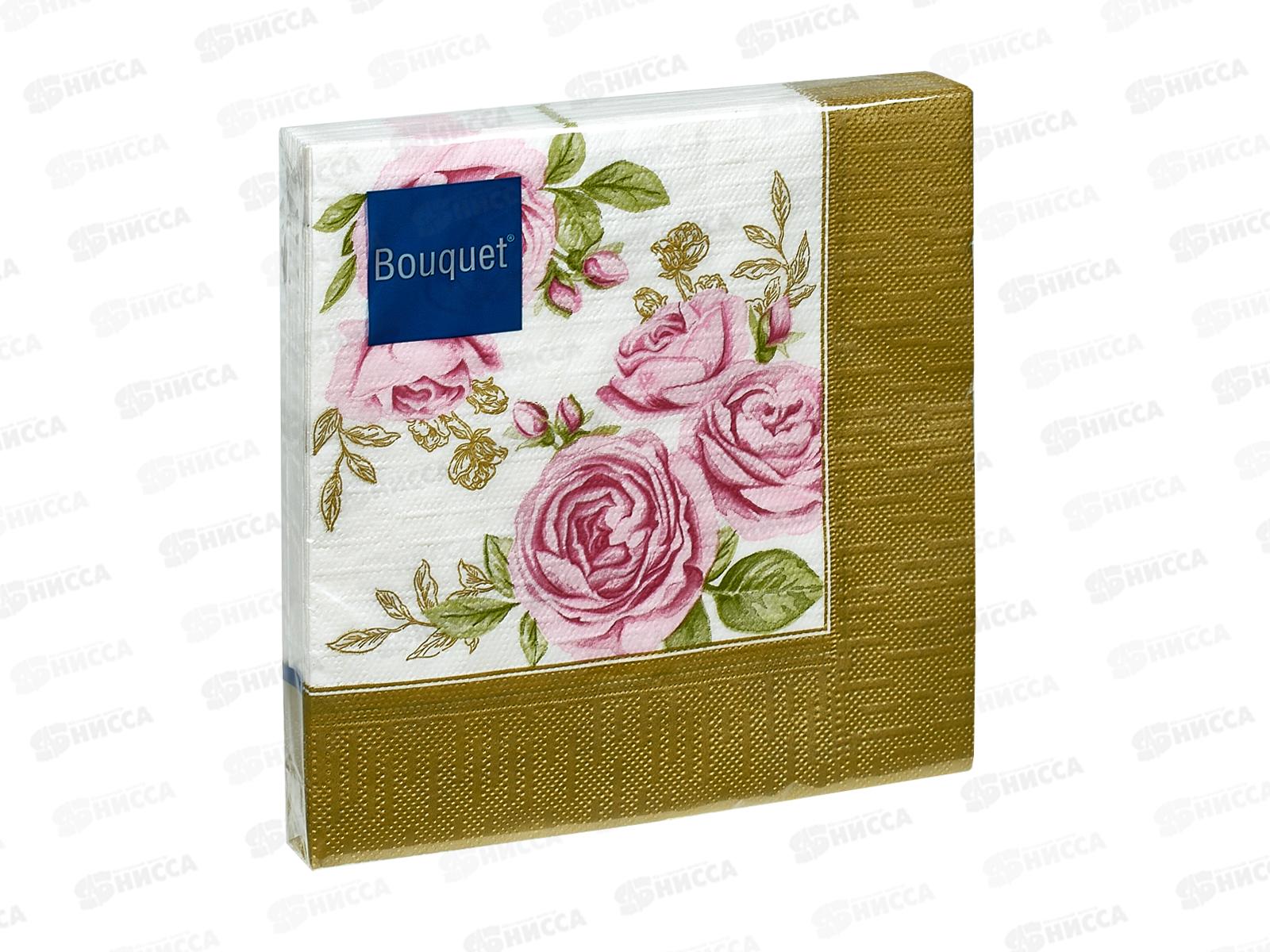 Салфетки 3 слойные 20 листов 33*33 Bouquet розы в золотой рамке, 25239*12