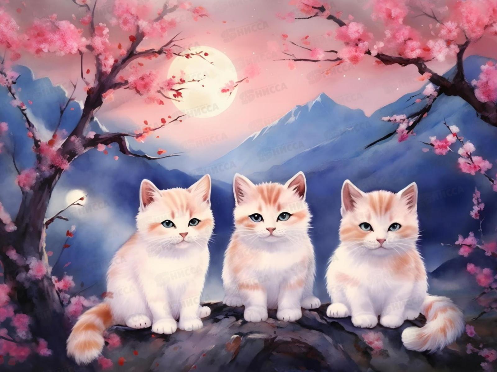 Алмазная мозаика (класс.) 30х40см Котики в Японии, НД-6346