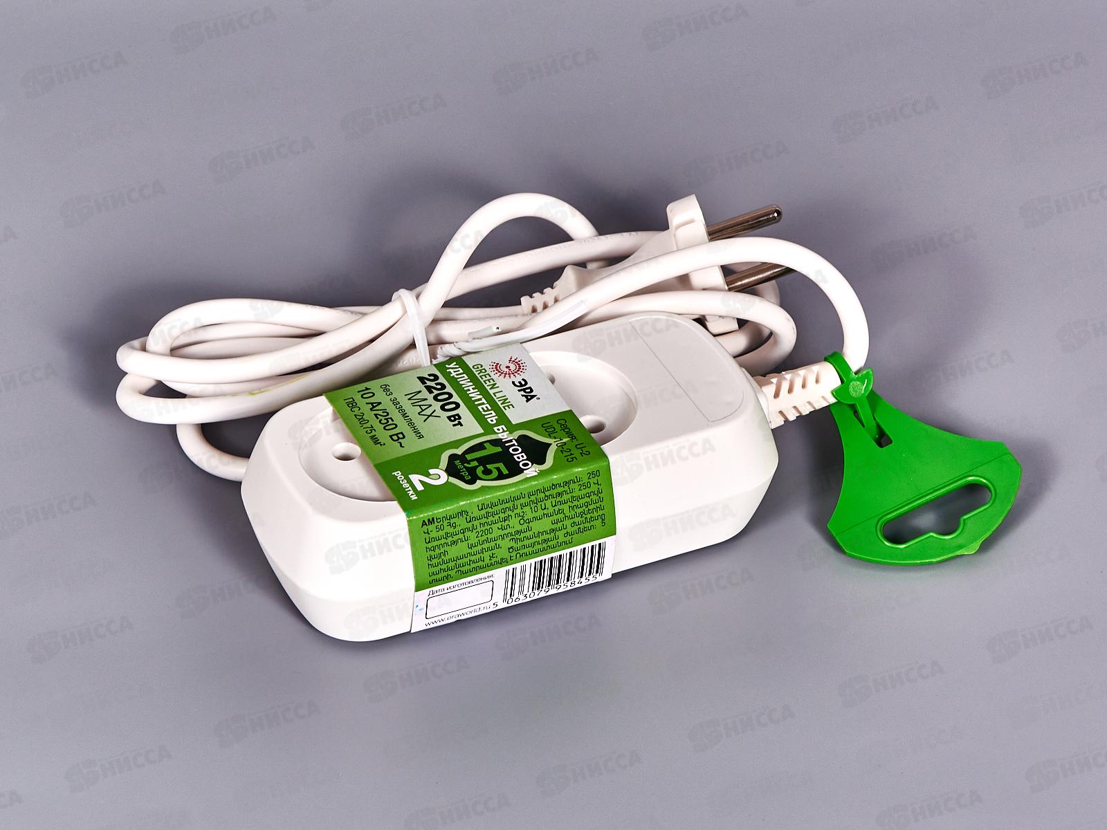 Удлинитель GREEN LINE  1.5м  2 гнезда, без заземления, ПВС 2*0.75, UDL-10-215 *20