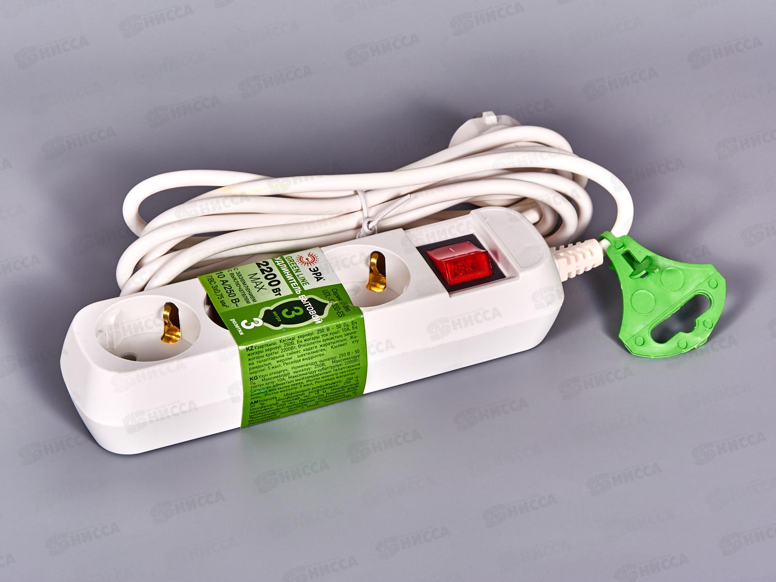 Удлинитель GREEN LINE  3м  3 гнезда, с заземлением, с выключателем, ПВС 3*0.75, UDL-10-330-ES *20