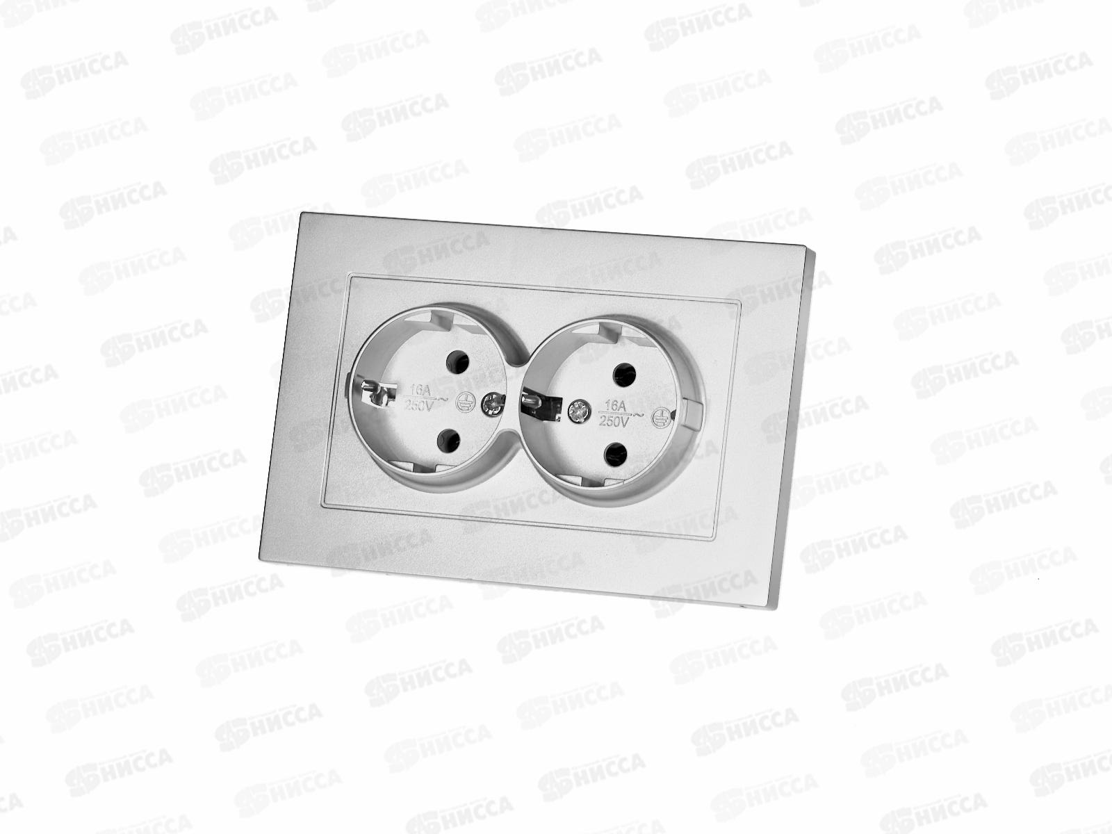 Розетка Афина 2-местная скрытой установки, с заземлением, 16А, 220В серебро, A0128-S*10