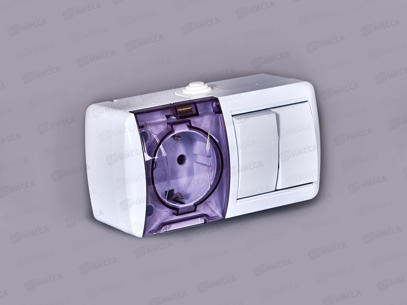 Блок горизонтальный  КЛИО выключатель 2-клавиши, открытая установка + розетка 1-мес.с крыш., с/з, 16А*10