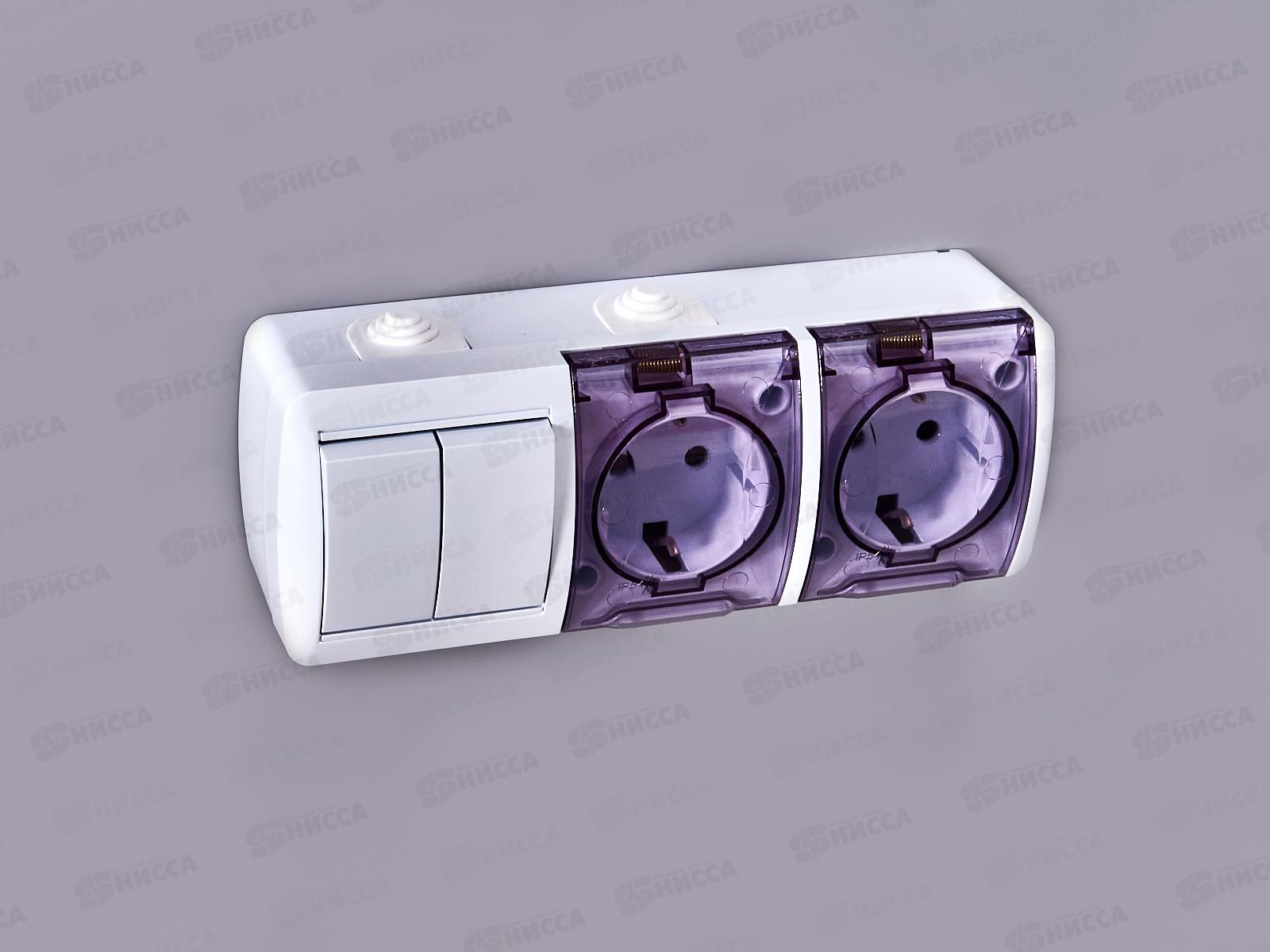 Блок горизонтальный  КЛИО выкл. 2-клавиши, открытая установка + розетка 2-мес.с крыш., с/з*10