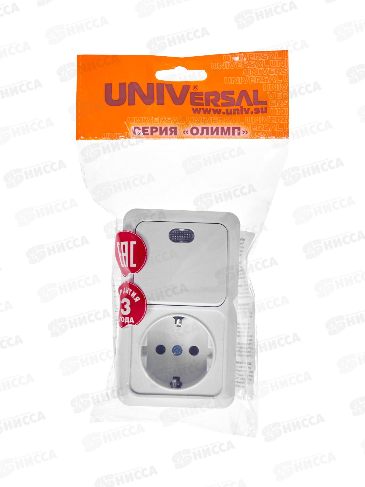 Блок вертикальный  ОЛИМП выключатель 1-клавиша, открытая установка, подсветка+ розетка 1-мес.., с/з, О0039*10