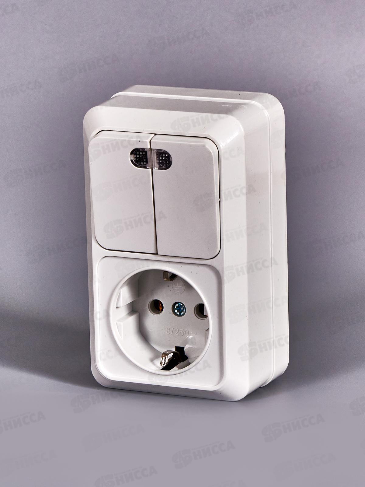 Блок вертикальный  ОЛИМП выключатель 2-клавиши, открытой установки, подсветка+ розетка 1-мес., с/з, О0041*10