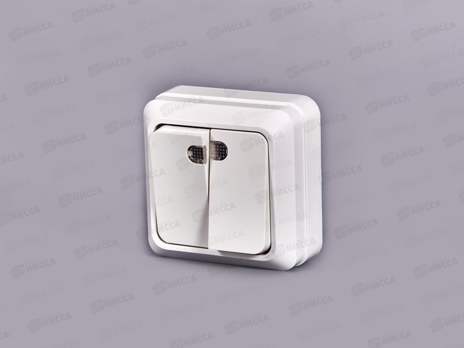 Выключатель ОЛИМП 2-клавиши открытой установки, 10А, 220В подсветка, белый, О0123*10