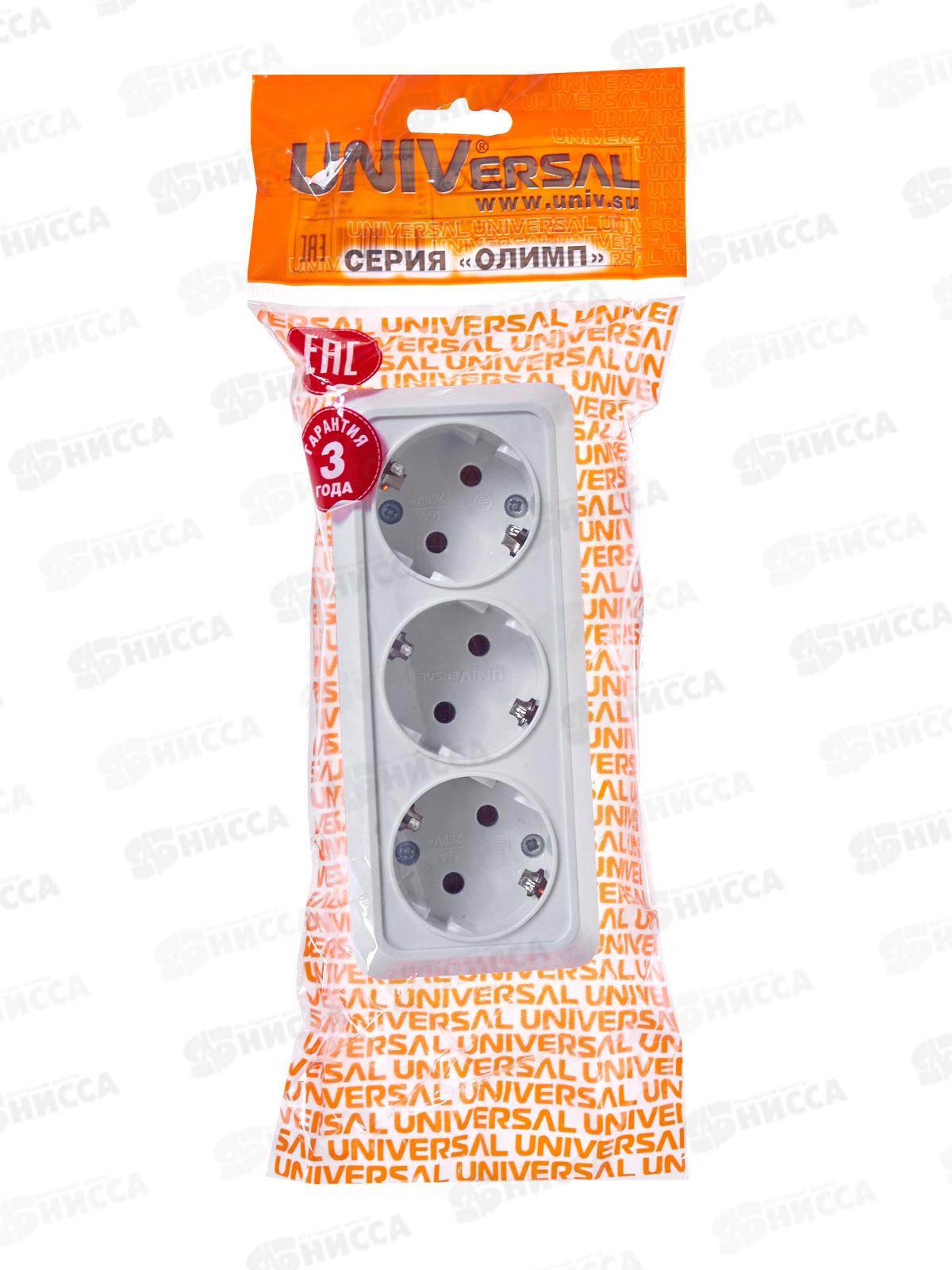 Розетка ОЛИМП 3-местная открытой установки, с заземлением, 16А, 220В белая,керамика,1161*10