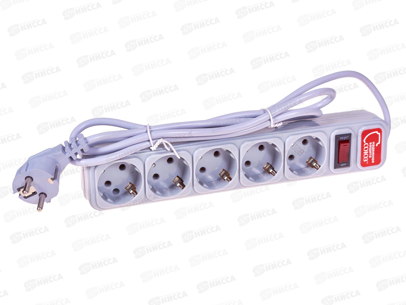 Сетевой фильтр СОЮЗ ПВС 3*0,75 5 гнезд, 1,5 м выключателем с индикатором , с/з, серый