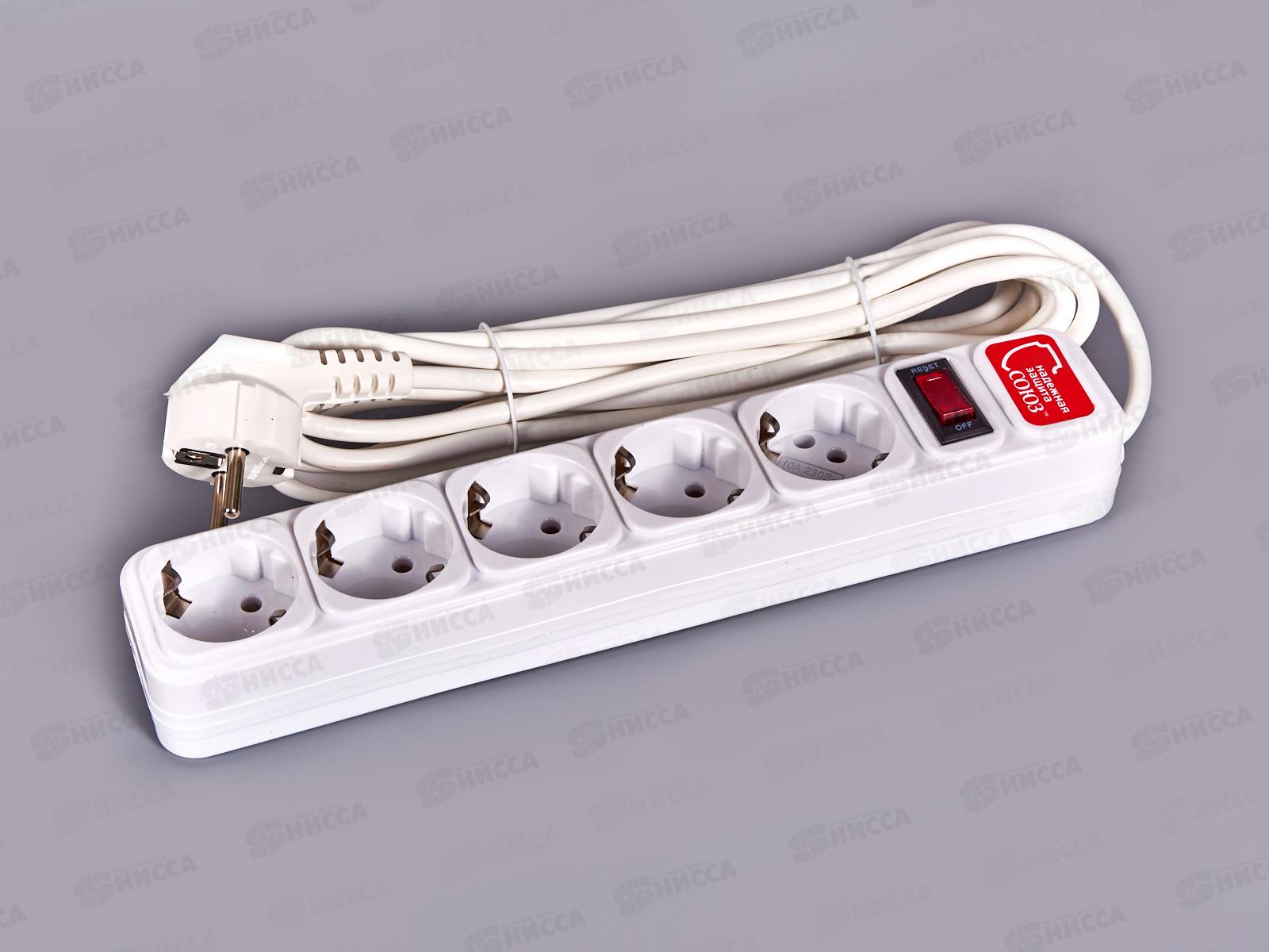 Сетевой фильтр СОЮЗ ПВС 3*0,75 5 гнезд, 5 м выключатель с идикатором , с/з, белый