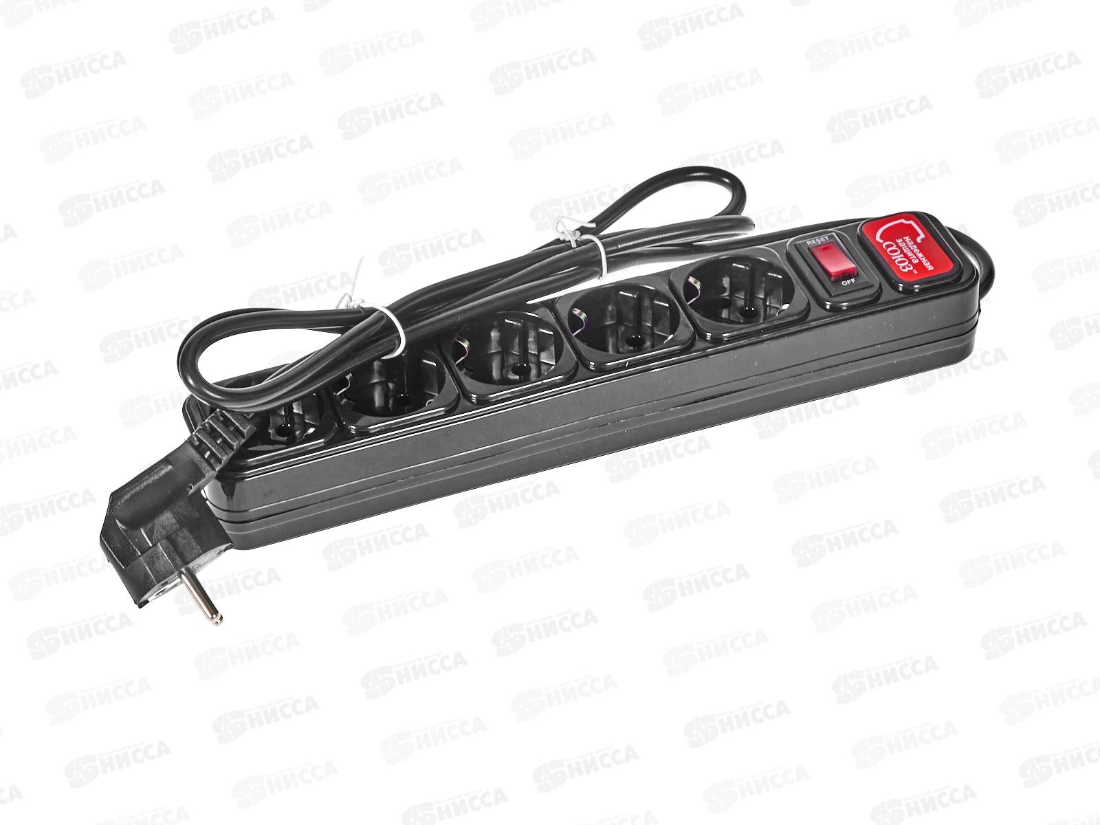 Сетевой фильтр СОЮЗ ПВС 3*0,75 5 гнезд, 1,5 м выключатель с идикатором, с/з, з/ш,черный,1335