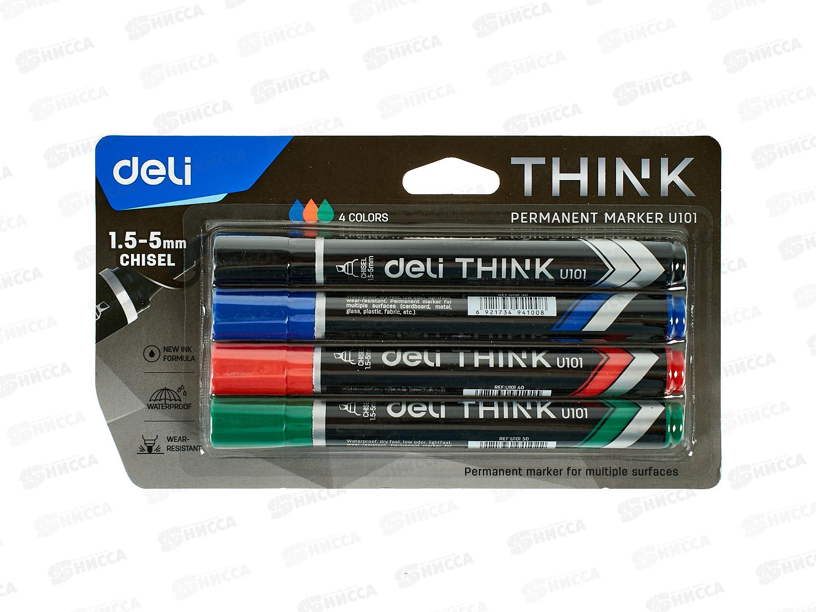 Маркеры Deli EU10101 Think 4цв.скош. пиш.наконеч. 412190*24   Маркеры д/доски Deli EU10101 Think 4цв.скошенный пиш.наконеч. 412190*24