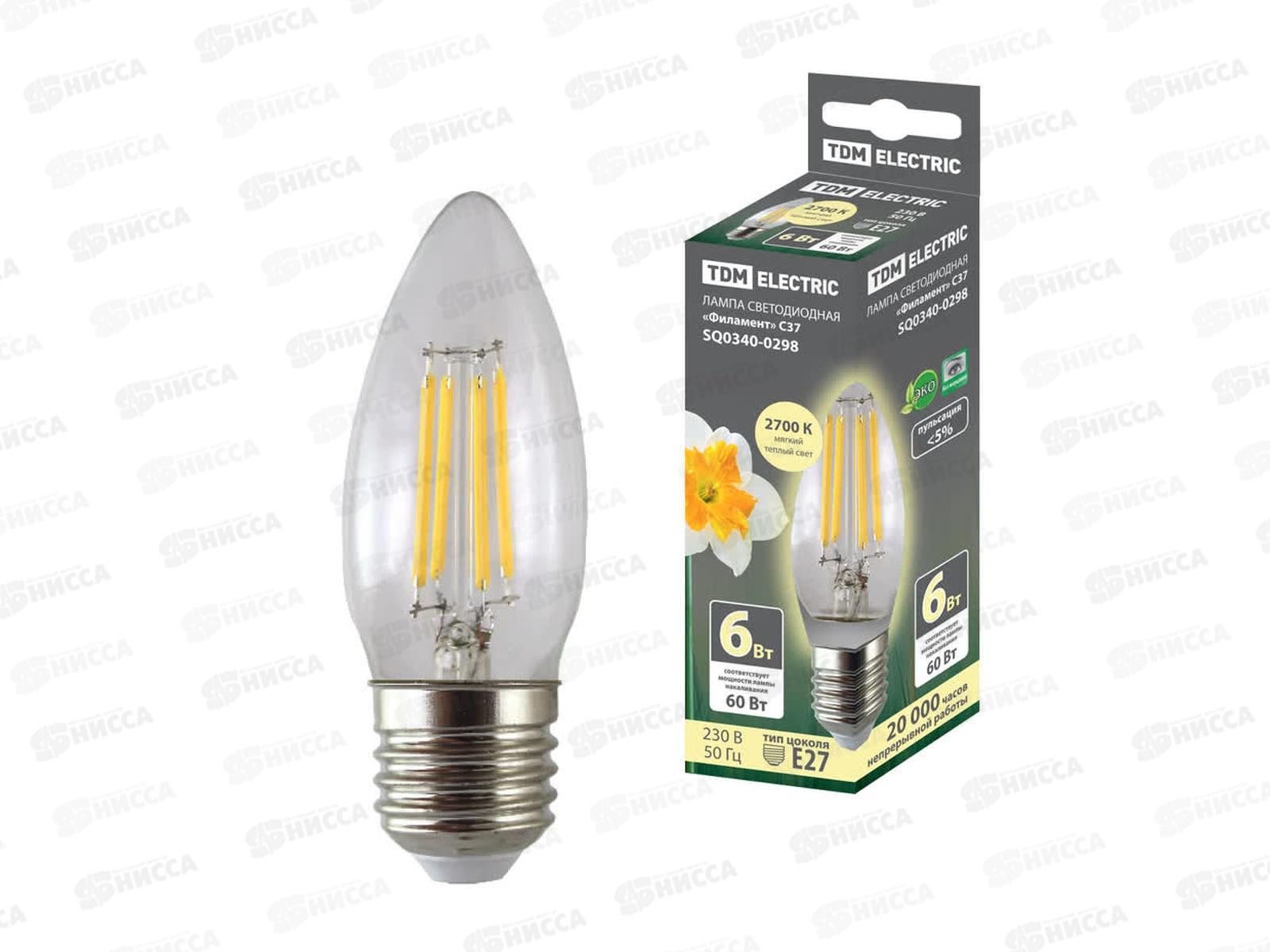 Лампа светодиодная TDM С37-6 Вт-230 В-2700 К–E27 Филамент TDM, 0298 *10/100