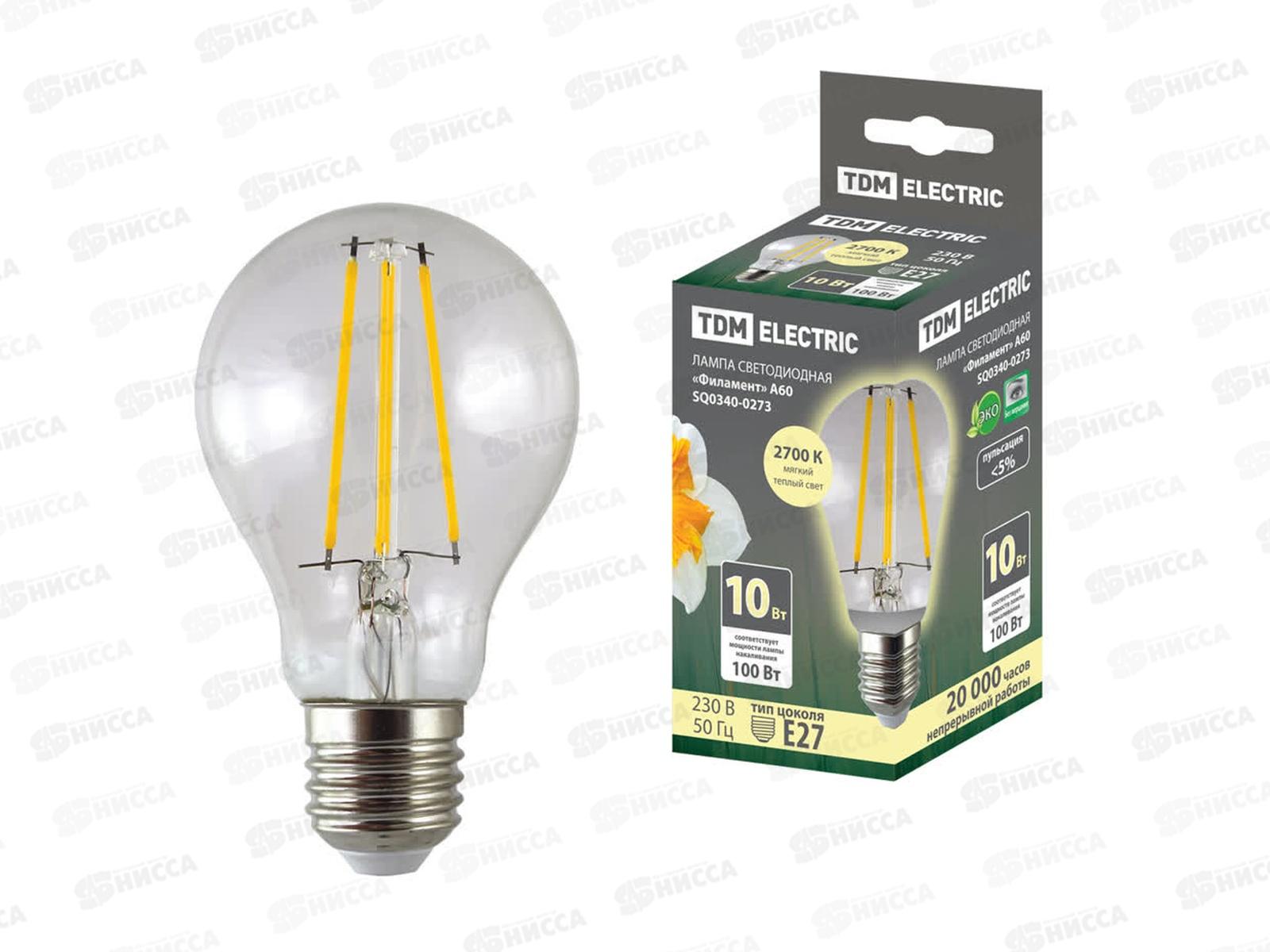 Лампа светодиодная TDM А60-10 Вт-230 В-2700 К–E27 Филамент TDM, 0273 *10/50