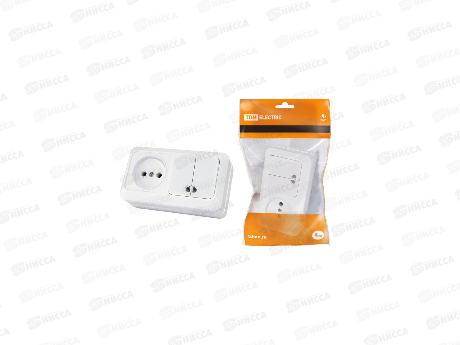 Блок комбинированный выключатель 2-кл. с/п 10А + розетка 2П 10А, БКВР IP20 белый &quotЛадога&quot TDM, 01 08  *5/100