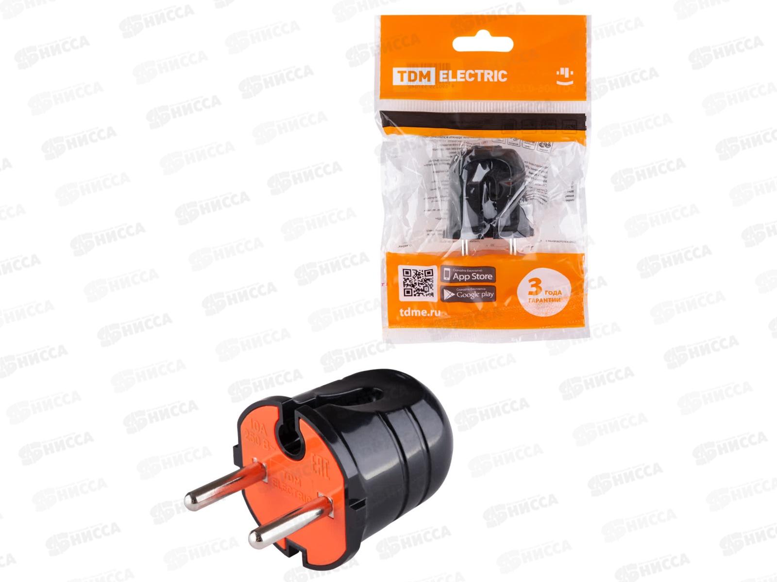 Вилка TDM без заземления черная с красной вставкой, 10А 250В 0210 *48