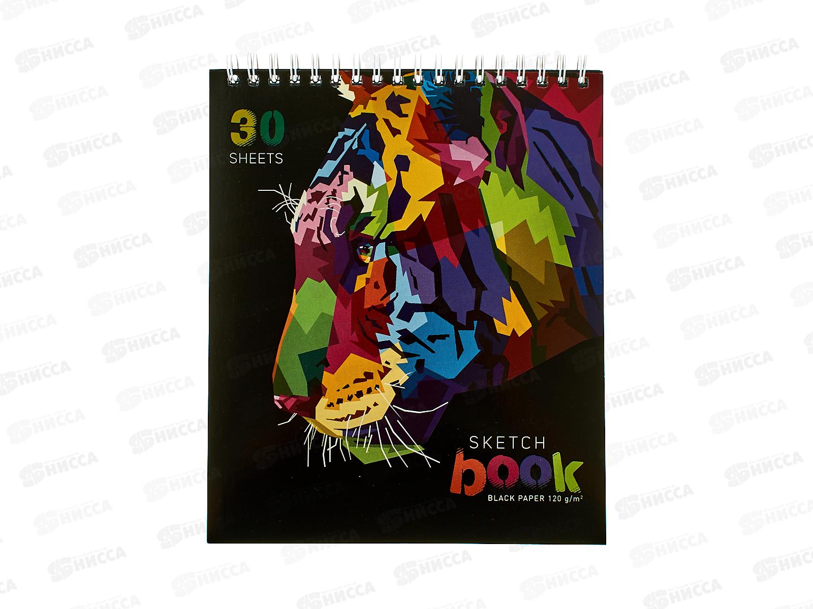 Скетчбук ПЗБМ 170*195мм. Тигр, 30л.греб.,черная бумага, 97699 *10