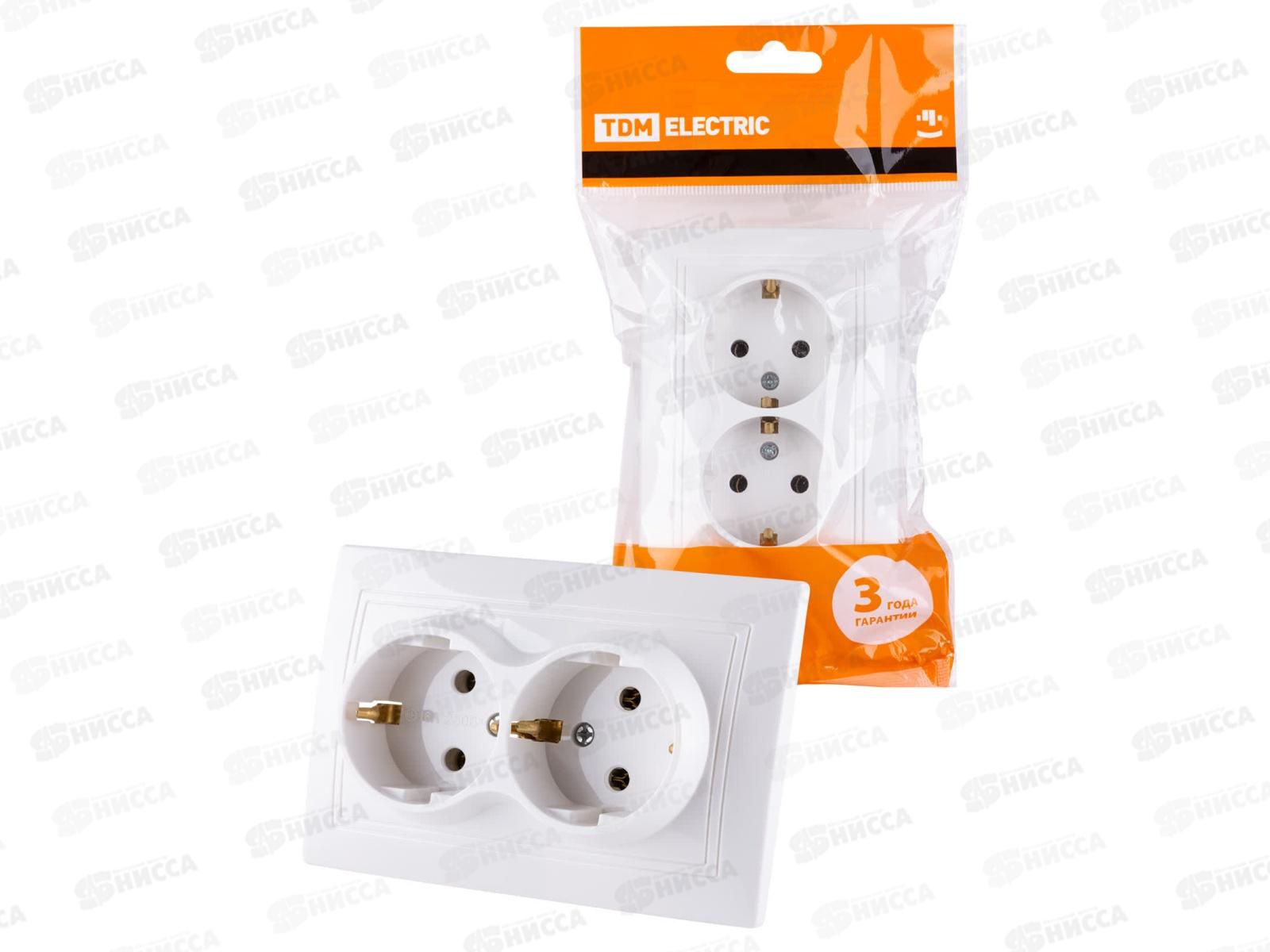 Розетка TDM двойная, cкрытая установка, 16А с заземлением, белая &quotТаймыр&quot, 0014