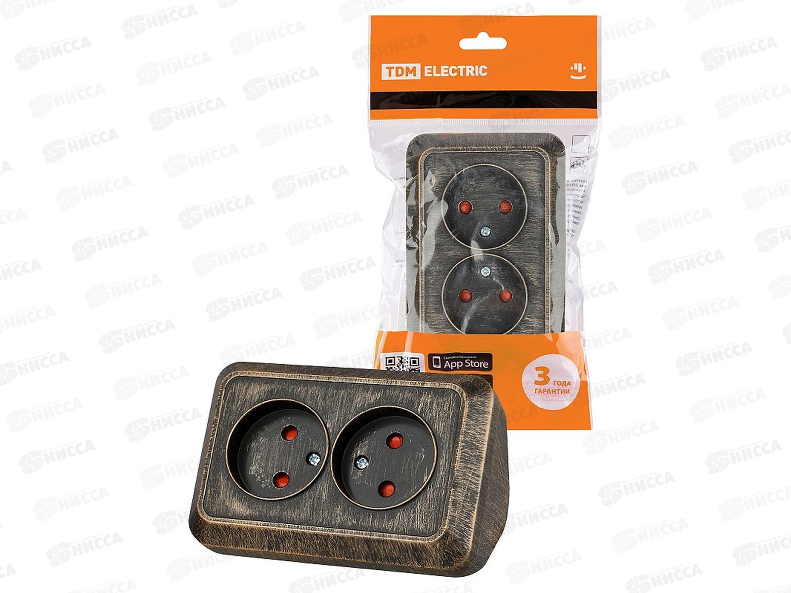 Розетка TDM двойная угловая открытой установки с з/ш, IP20 10А бронза &quotЛадога&quot, 0289