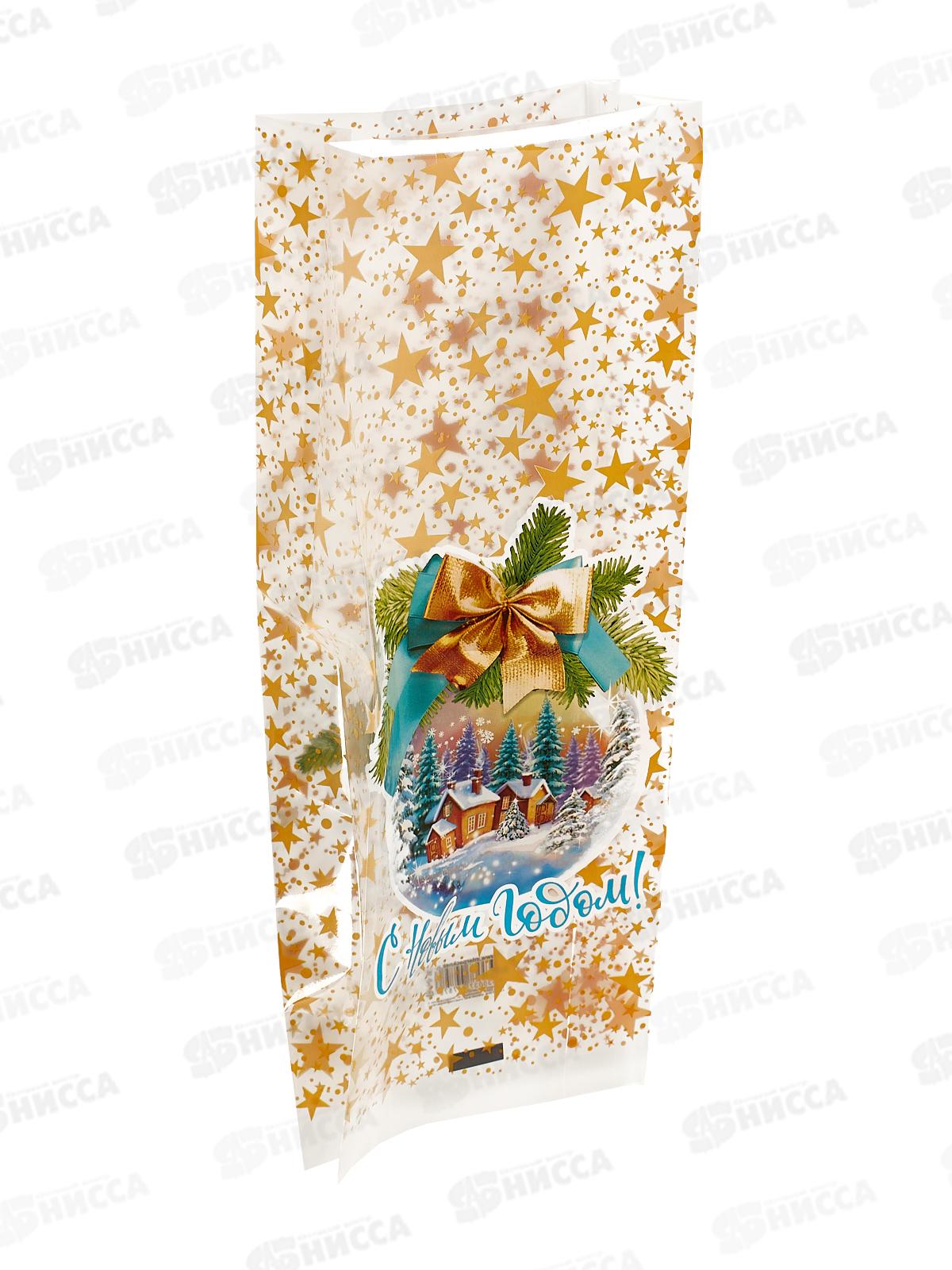 Пакет подарочный (16+2*4)*42/60 мкм Золотой бант прозрач. *50/500