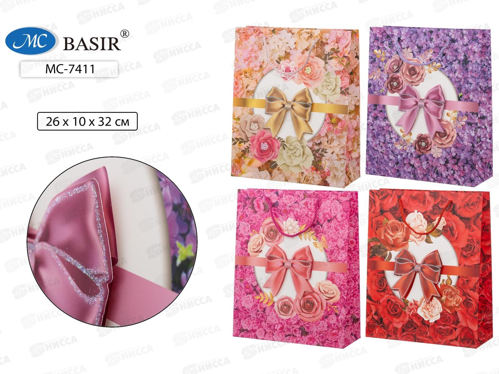 Пакет подароч. бумажный, 26*10*32см, ЦВЕТЫ БАНТ, асс.МС-7411 *20