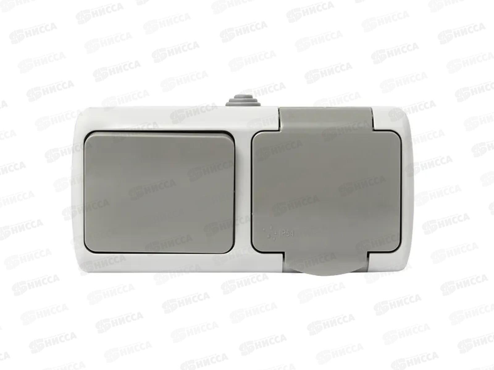 Блок EKF Мурманск розетка+выкл. 16А с заземлением с крышкой, IP54 серый