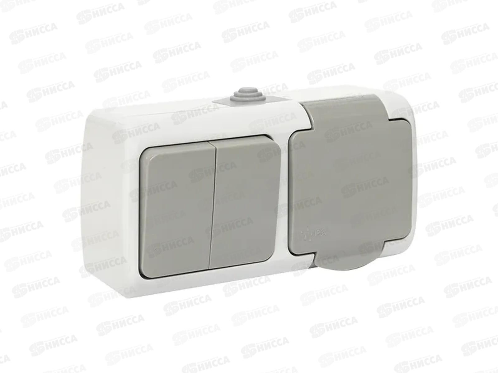 Блок EKF Мурманск розетка+ 2кл.выкл. 16А с заземлением с крышкой, IP54 серый