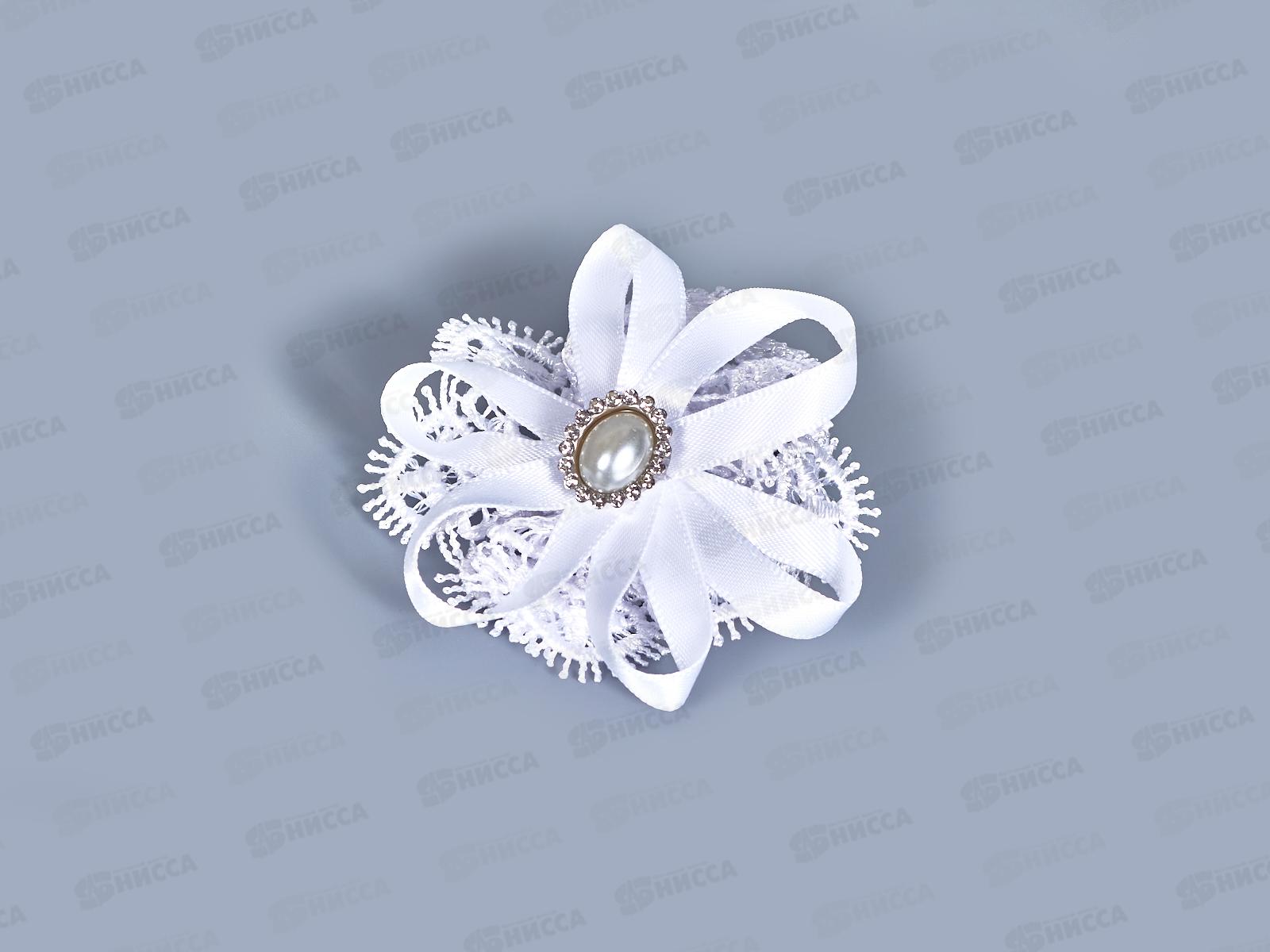 Бант гипюр капрон белый круглый жемчуг стразы 6см №56