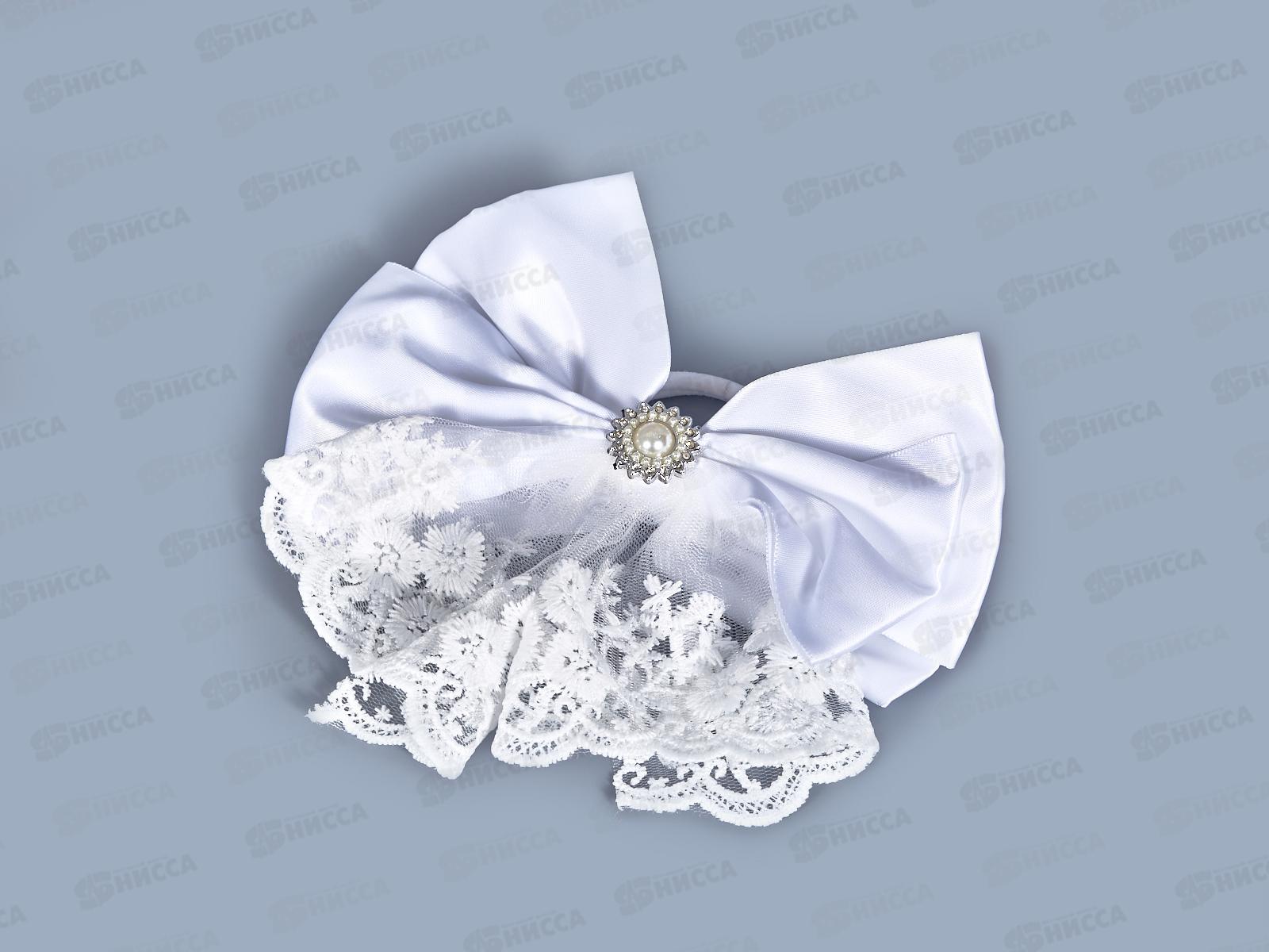 Бант гипюр шелк жемчуг стразы белый 16см №7925