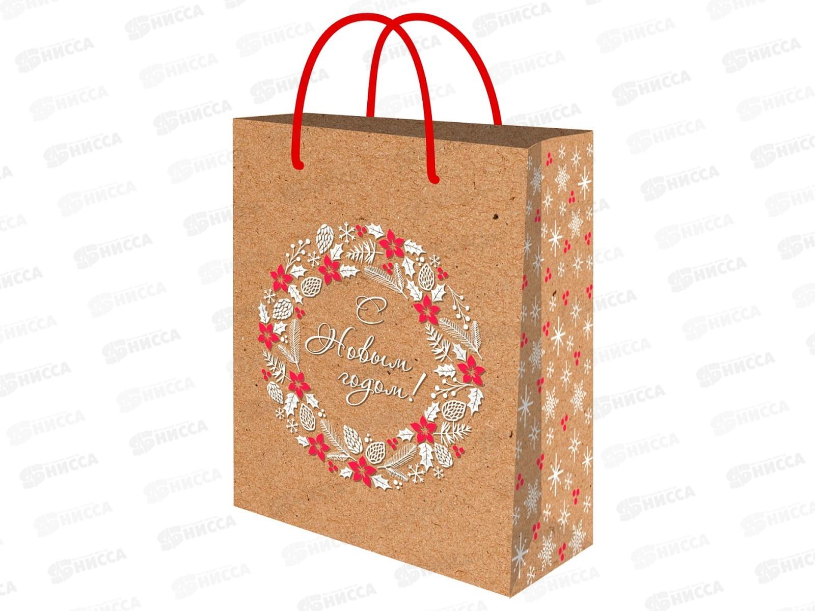 Пакет подарочный MI 18х23х30см (M) крафт Новог.венок, ППК-2325 *12