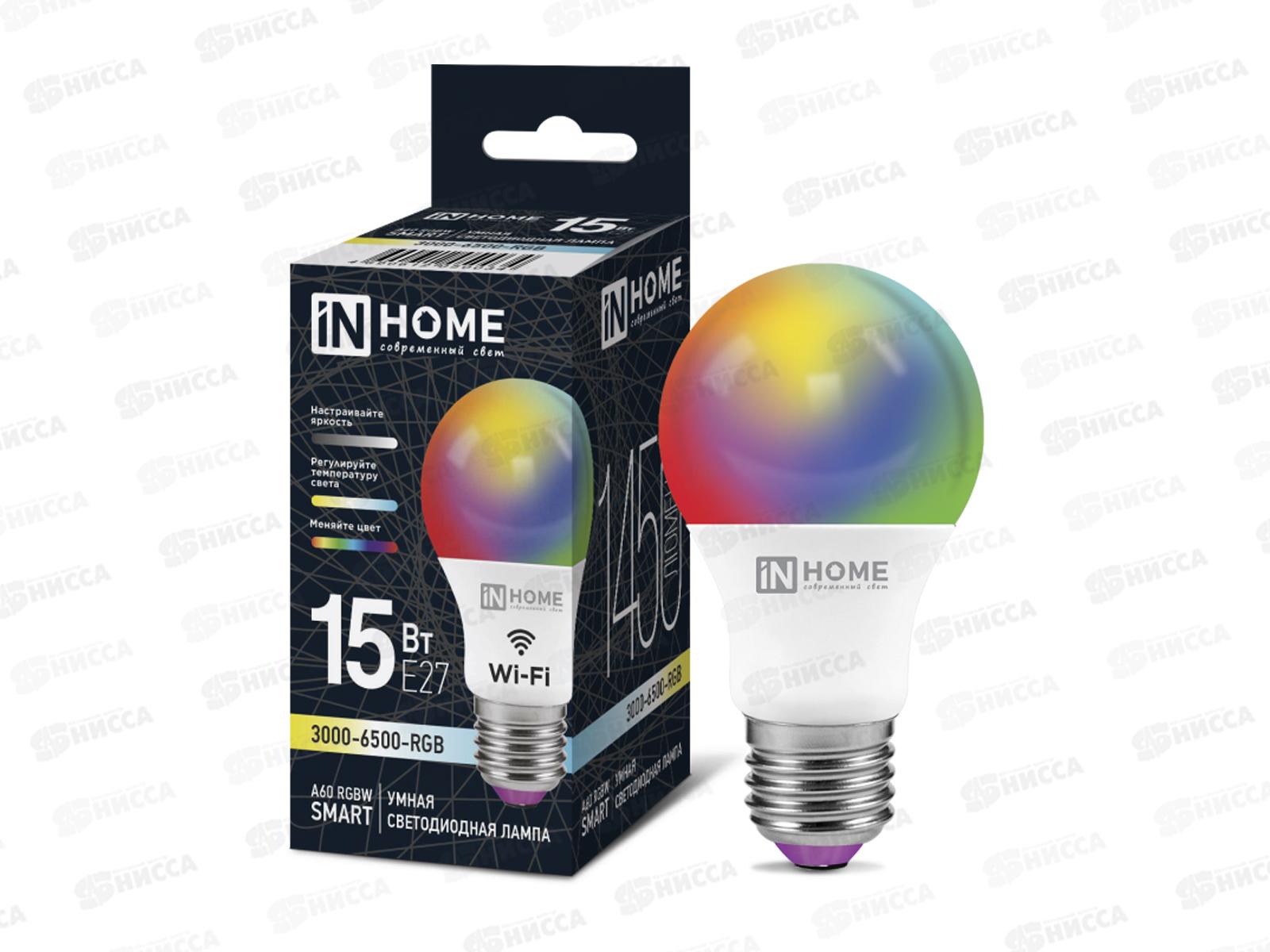 Лампа светодиодная IN HOME Smart A60 15Вт E27 RGB-3000-6500К 1450Лм