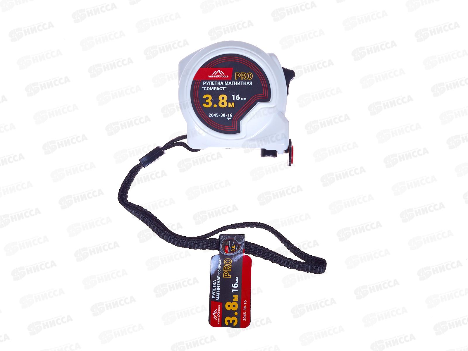 Рулетка магнитная  3.8м*16мм, Vertextools &quotCompact&quot, 2045-38-16    *12