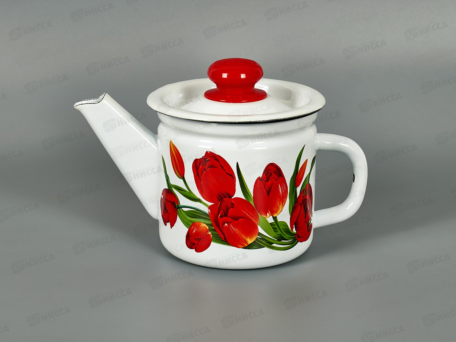 Чайник заварн 1л Тюльпаны белый с пластм кнопкой с2707.3*78