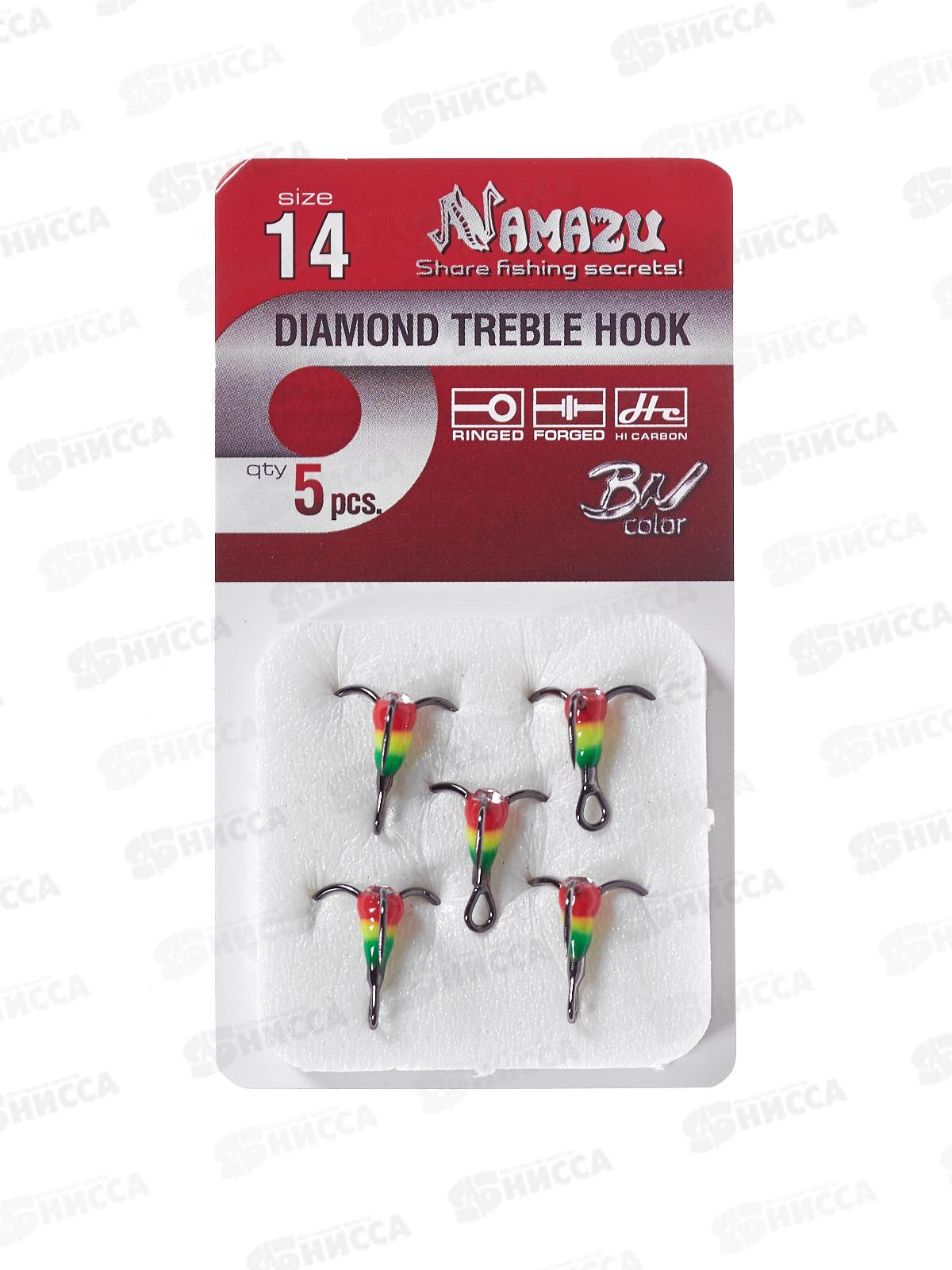 Крючок-тройник светофор Namazu с каплей и камнем, размер 14 (INT), цвет RYG (5 шт.)