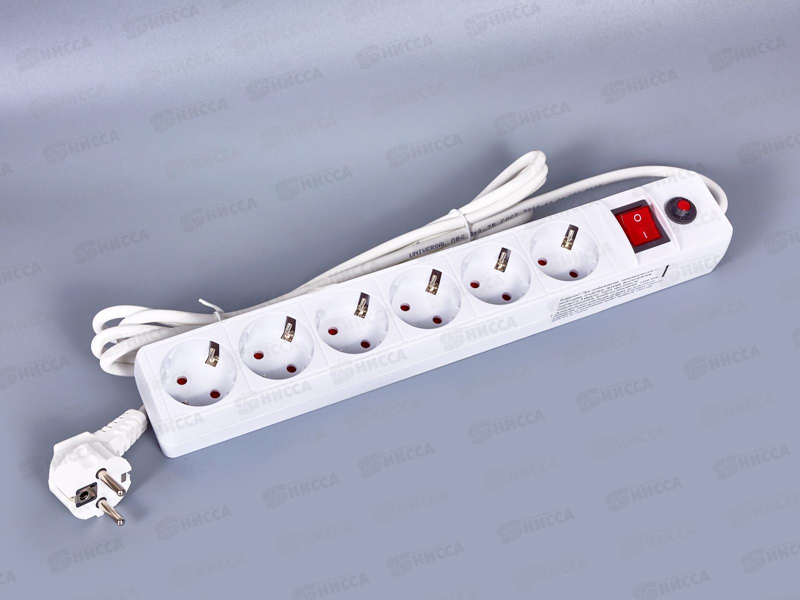 Сетевой фильтр UNIVersal ПВС 3*0,75 6 гн, 3м выкл. с идик, с/з,з/щ белый, 967U-3003