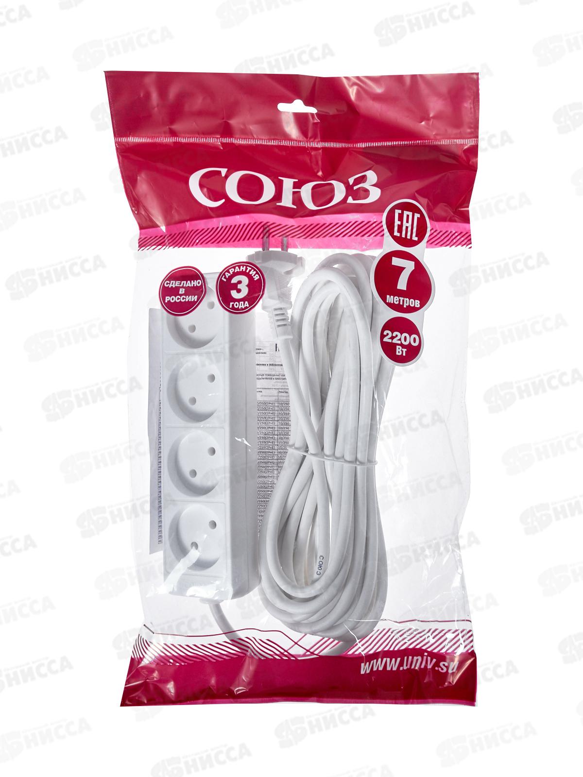 Удлинитель бытово СОЮЗ 2200ВТ 4 гнезда. ПВС , без заземления, 7м, 481S-1407