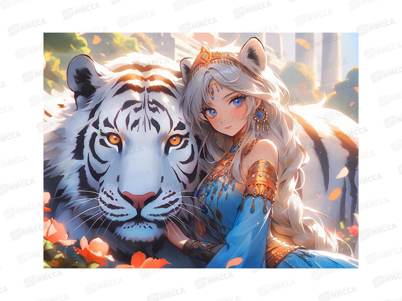 Алмаз. мозаика (класс.) 30х40см Девушка и белый тигр, НД-6305 без подр.