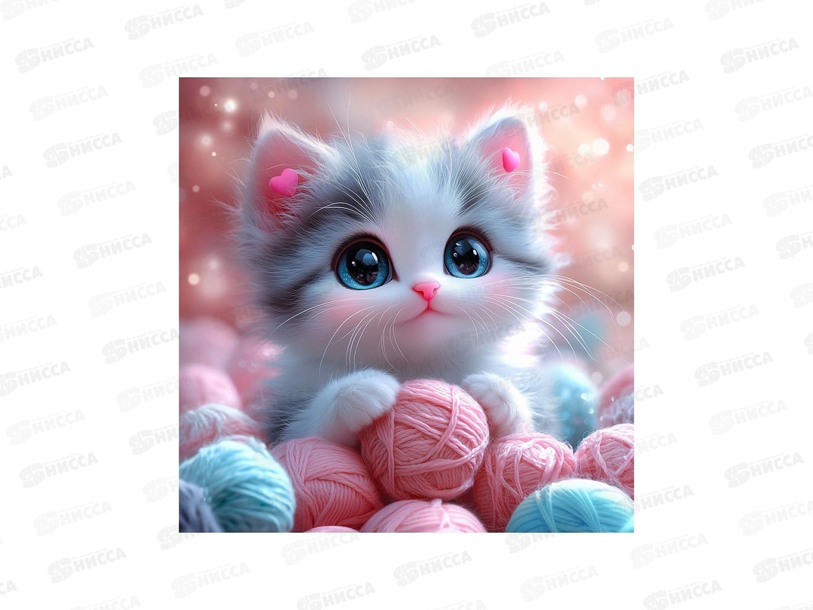 Алмаз. мозаика (класс.) 20х20см Котёнок в клубочках, НД-1877 с подр.