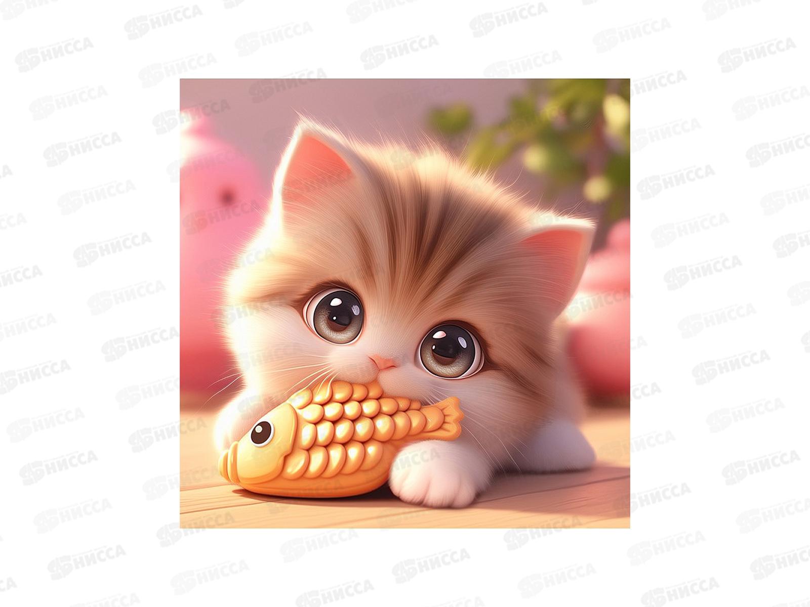 Алмаз. мозаика (класс.) 20х20см Котёнок с рыбкой, НД-1879 с подр.