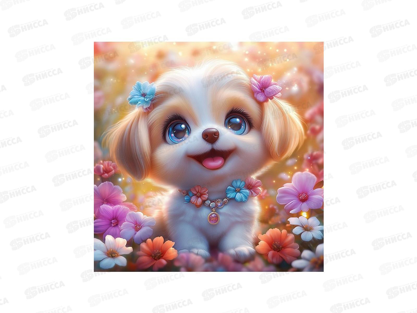 Алмаз. мозаика (класс.) 20х20см Собачка в цветах, НД-1883 с подр.