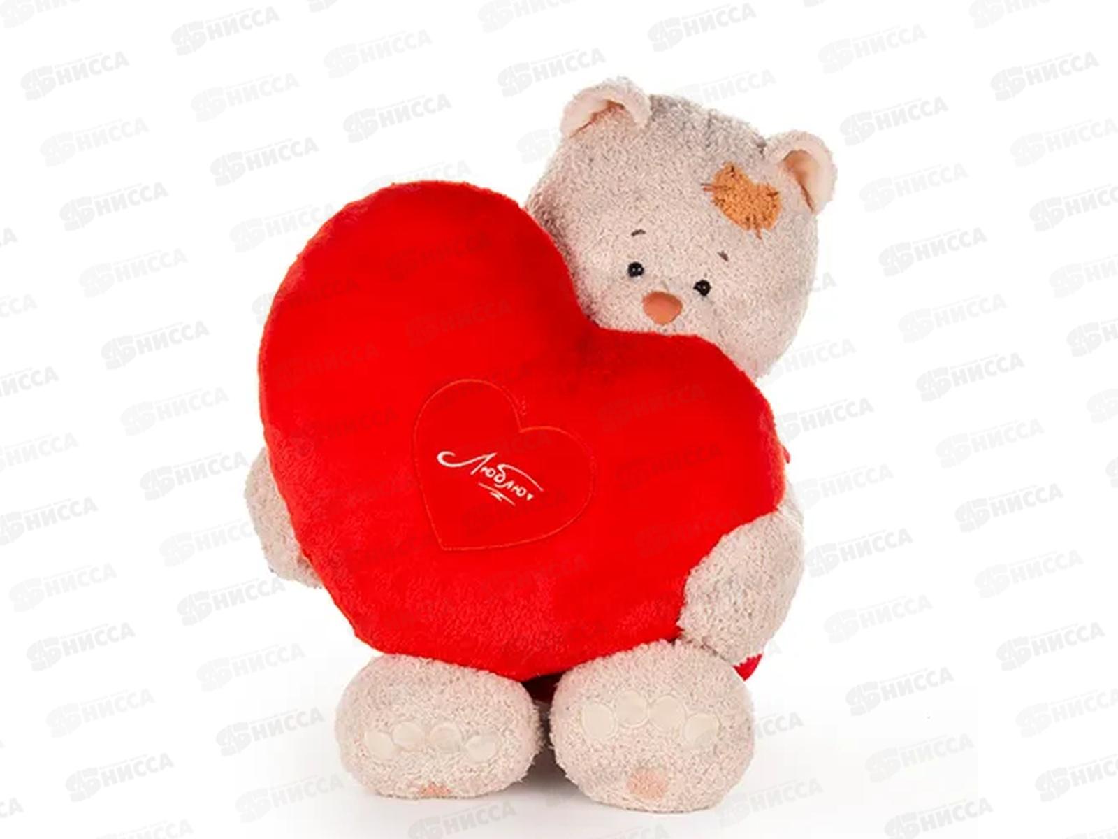 Кошка Мэри в платье красном с сердцем подушкой, 37см (СППМэри/11/11)