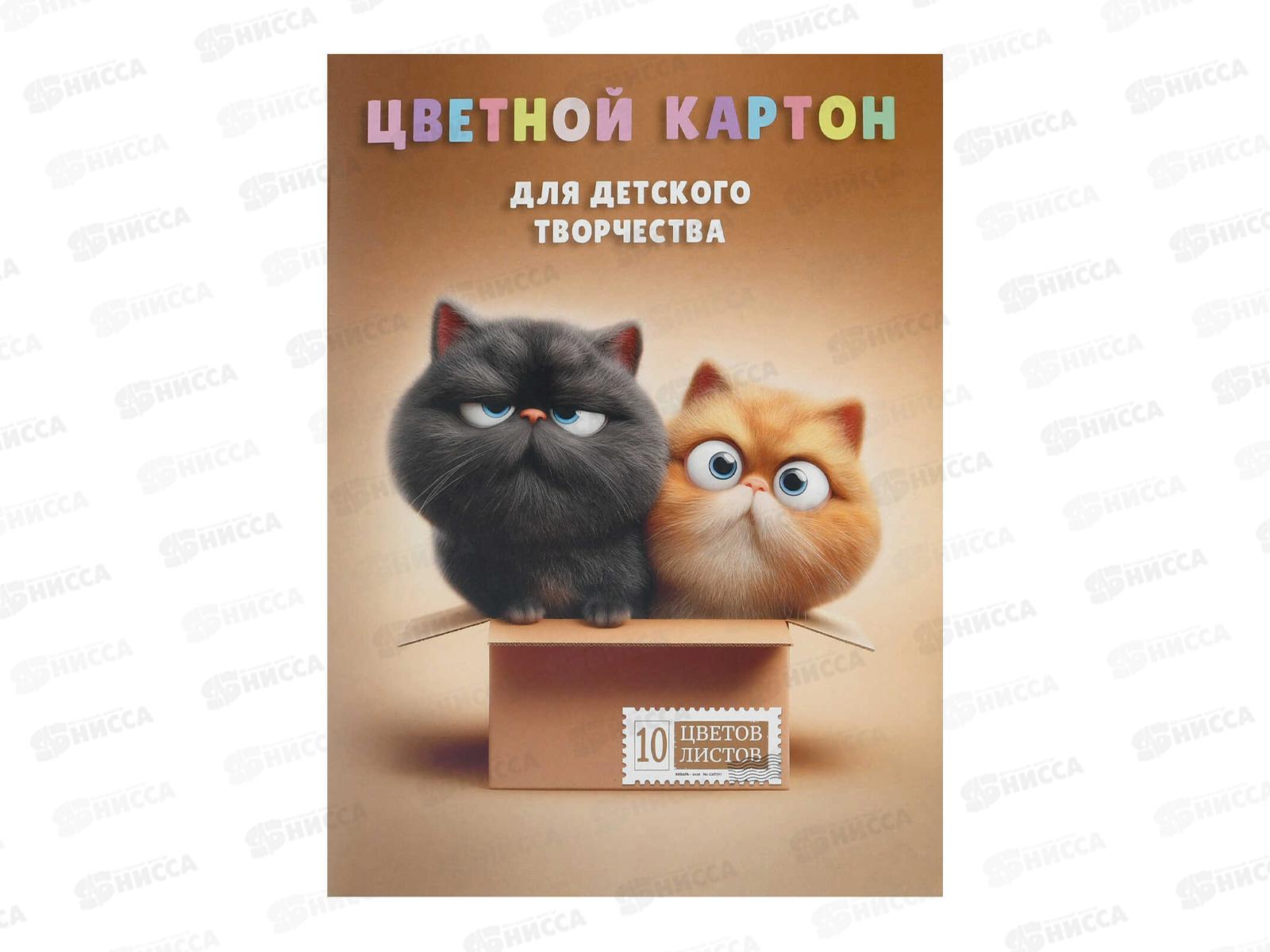 Цветной карт. ФЕН А4 10л 8цв Коты в коробке + золото/серебро 73189 *