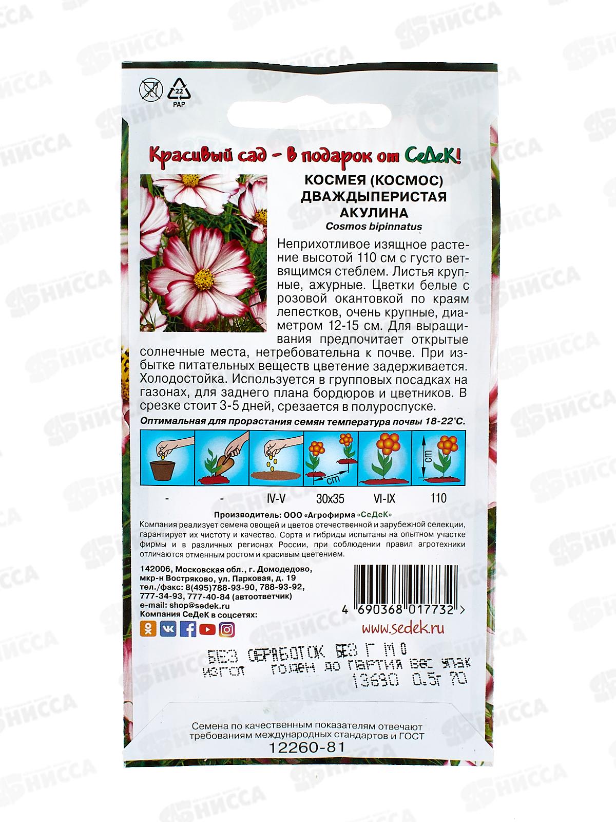 Космея Акулина (бипиннантус, белая с розовым кантом) (Евро,0,5) СеДек *10 +