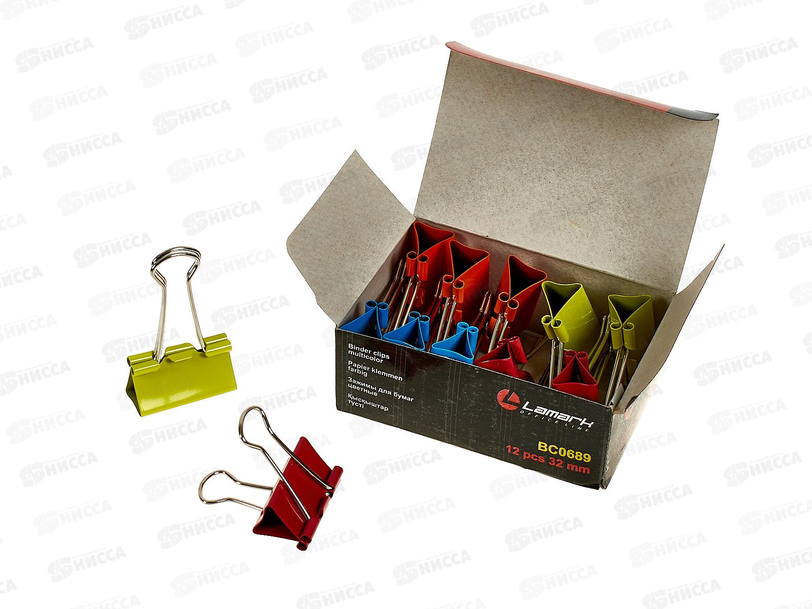 Зажим для бумаг LAMARK BC0689 32мм 12шт неоновый, картонная упаковка *12/120