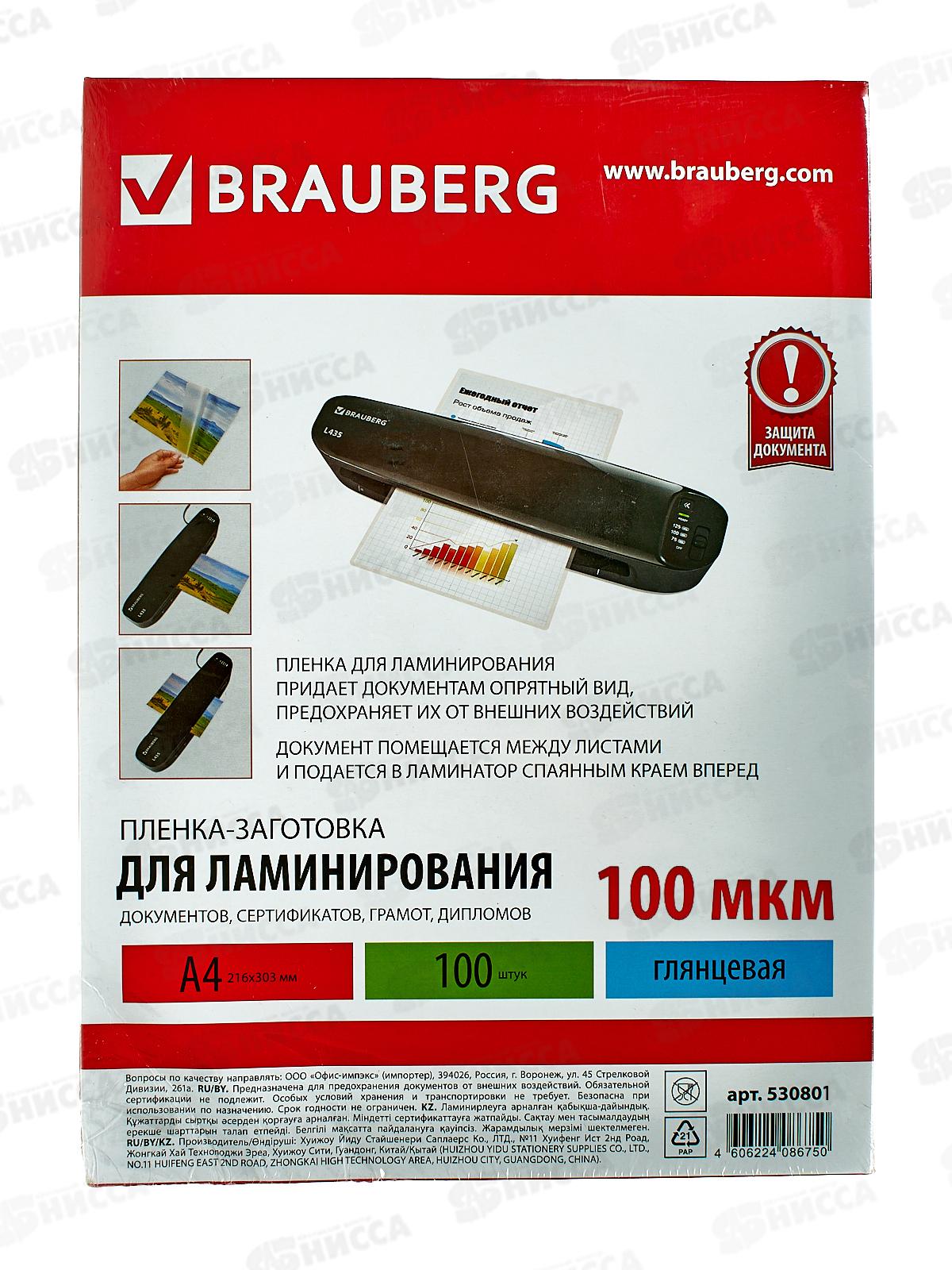 Пленка для ламинирования  BRAU А4,комплект 100мкм, 100шт, 530801*10