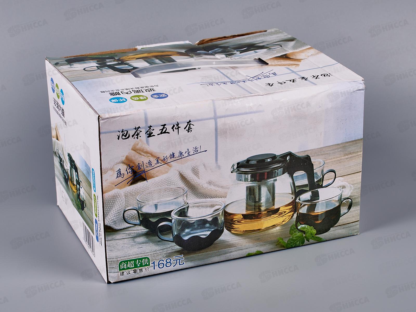 Чайник заварочный 1100 мл., стекло, + 4 кружки, AL-55384 *24