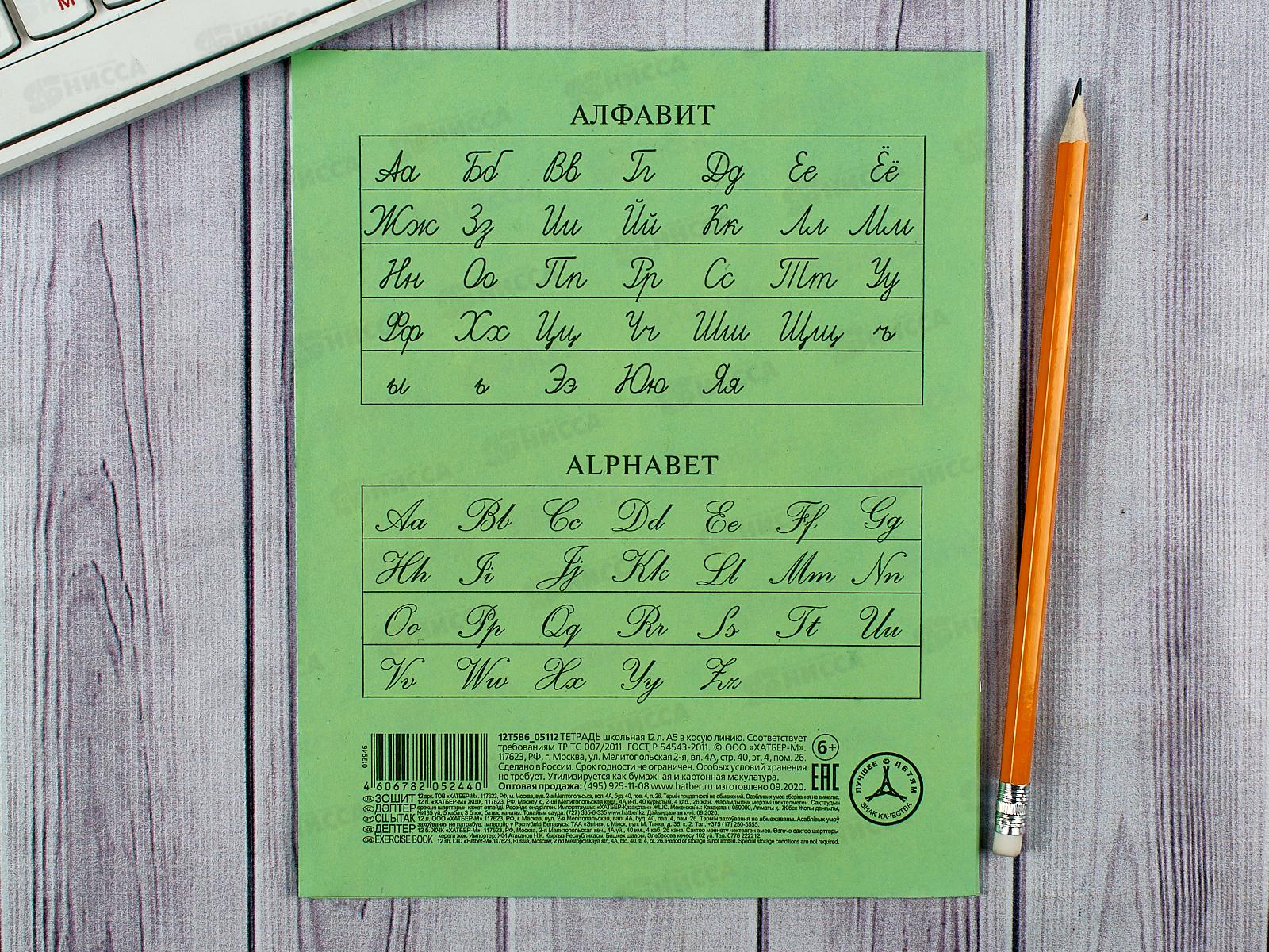 Тетрадь 12 листов в косую линию Hatber зеленая обложка, 05112 *20/360